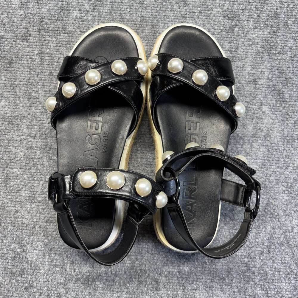 Karl Lagerfeld Womens Black Platform Espadrille Sandals Pearl Ankle Strap 7M - Picture 13 of 13
